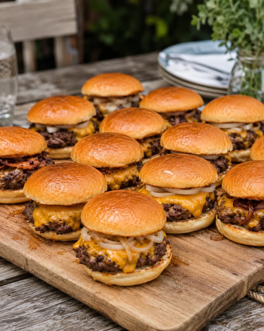 Tabla llena de hamburguesas con cheddar y cebolla recién hechas en un evento