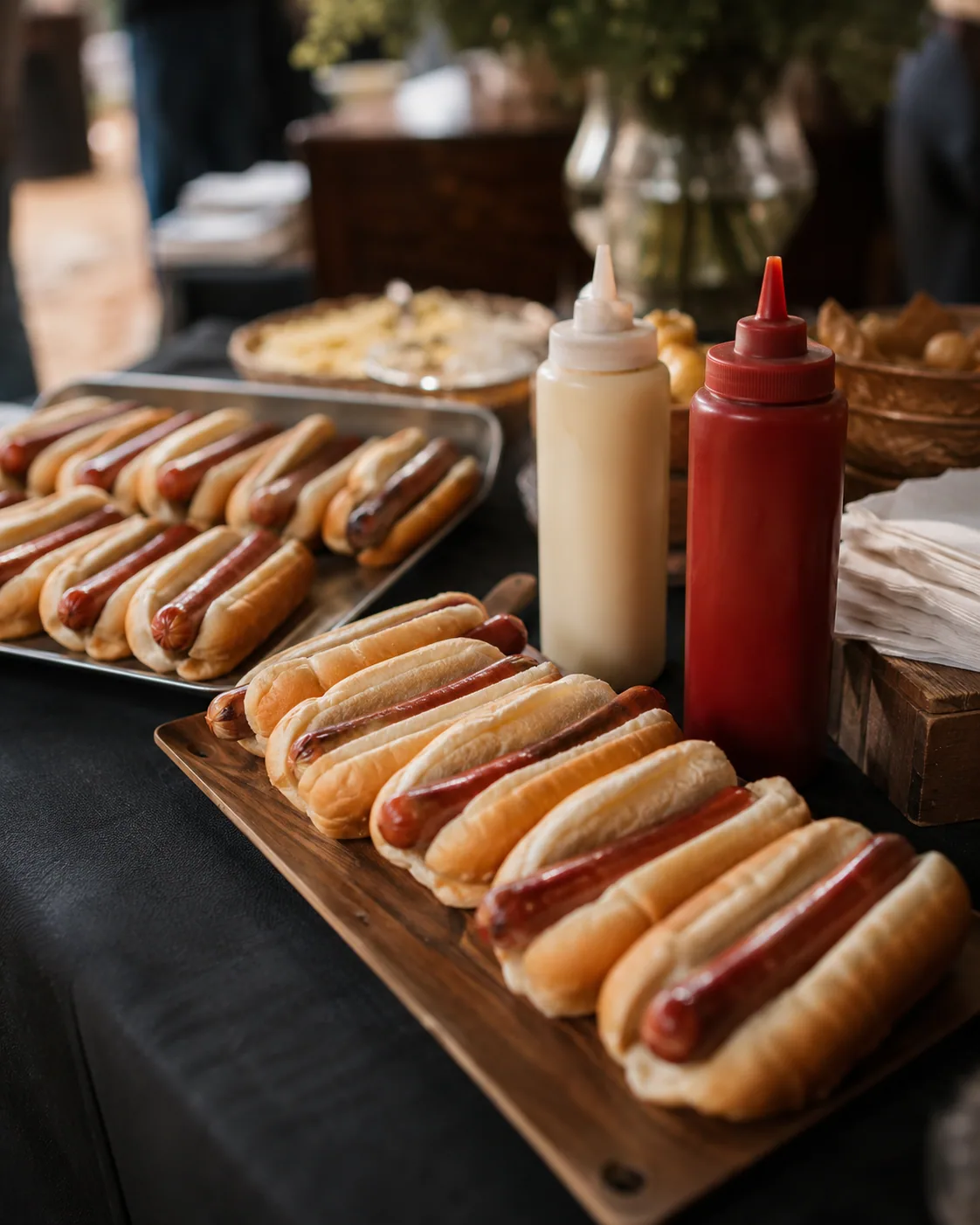 Bandejas de panchos recién servidos con mayonesa y ketchup en un evento