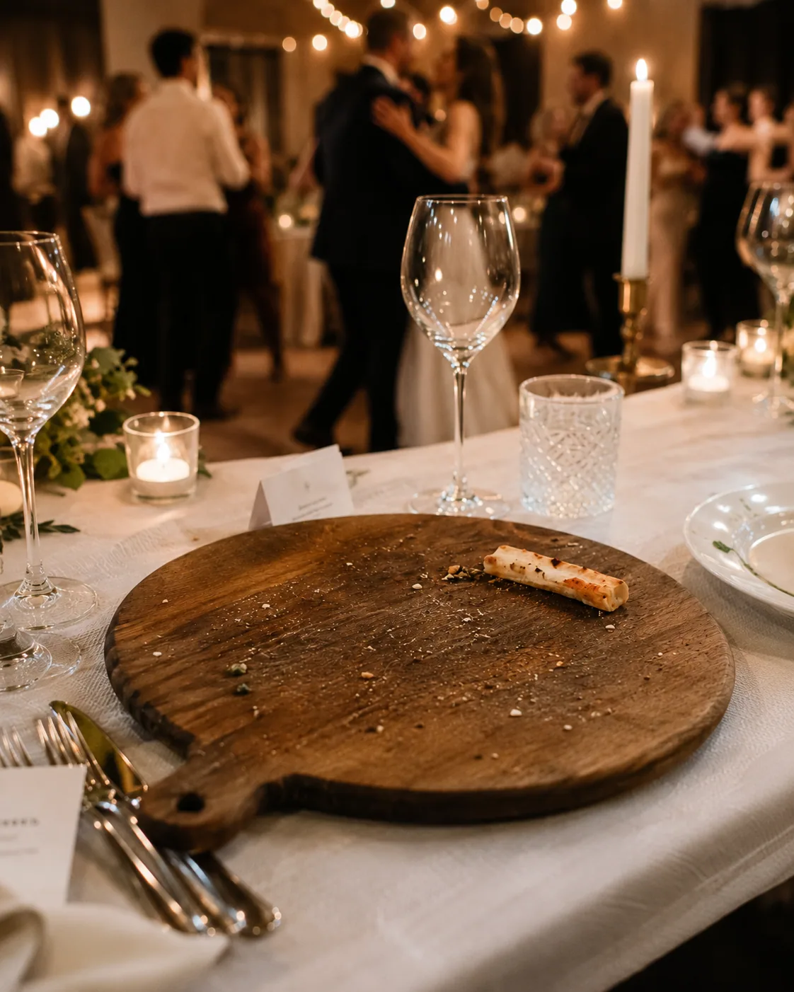 Casamiento de noche: la pareja baila al fondo y en la mesa quedó solo el borde de la pizza