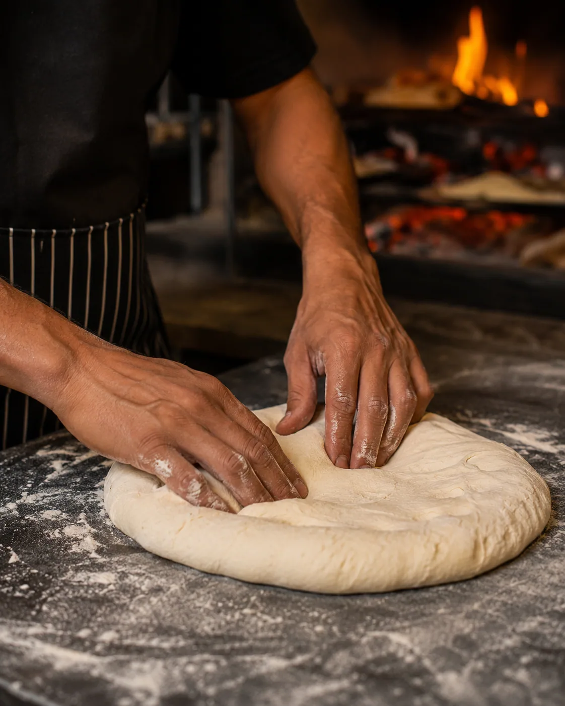 Manos estirando la masa de pizza junto al fuego
