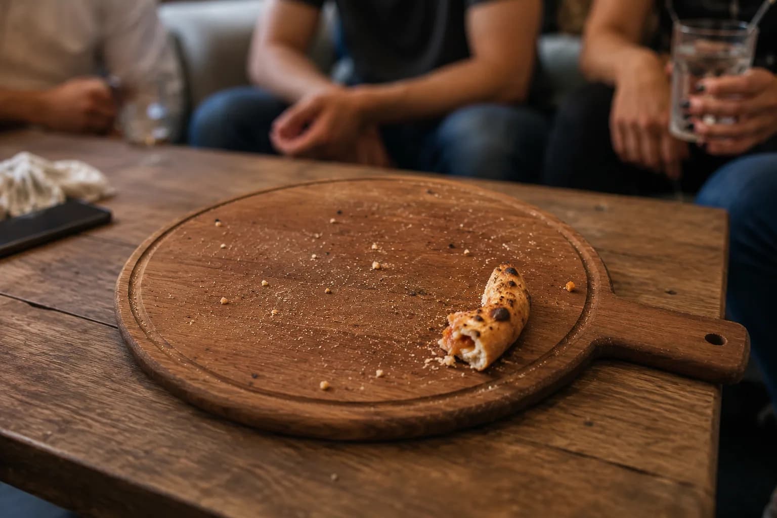 Reunión de amigos en el sofá; en la tabla quedan las migas y un cachito de borde