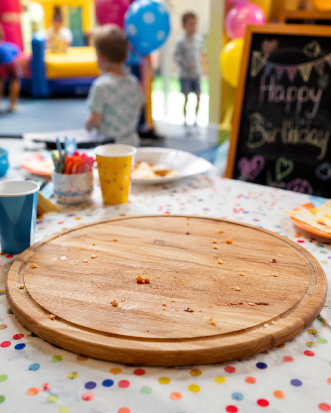 Cumpleaños infantil con globos e inflable; la tabla de pizza quedó vacía, solo migas